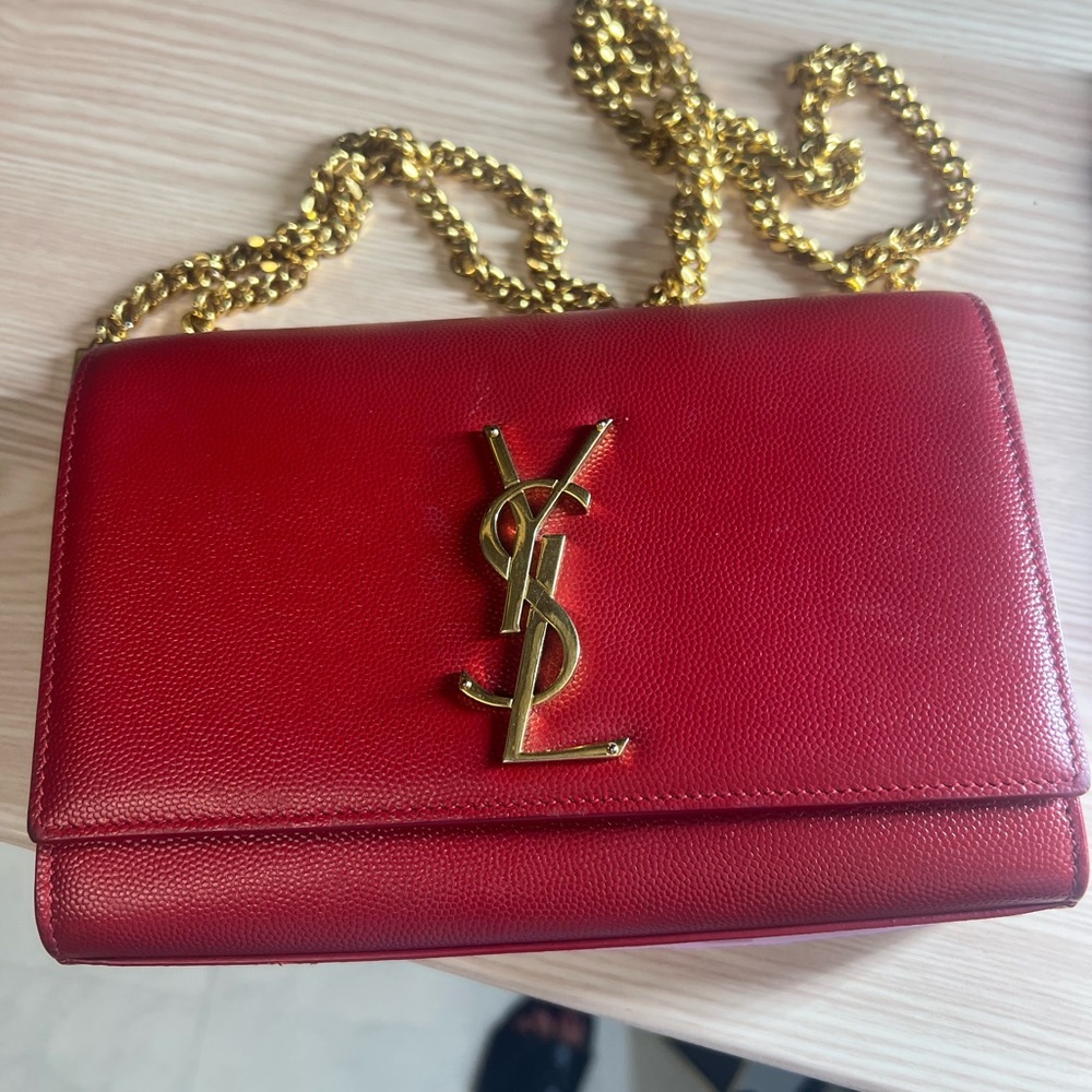 Yves Saint Laurent Red Leather Crossbody Bag with Gold Chain